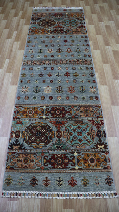 9 Ft Gray Oriental Runner Rug, Afghan Hand Knotted Wool Traditional Rectangle Carpet, Entryway Rug, Hallway Rug, Kitchen Rug, Foyer Rug