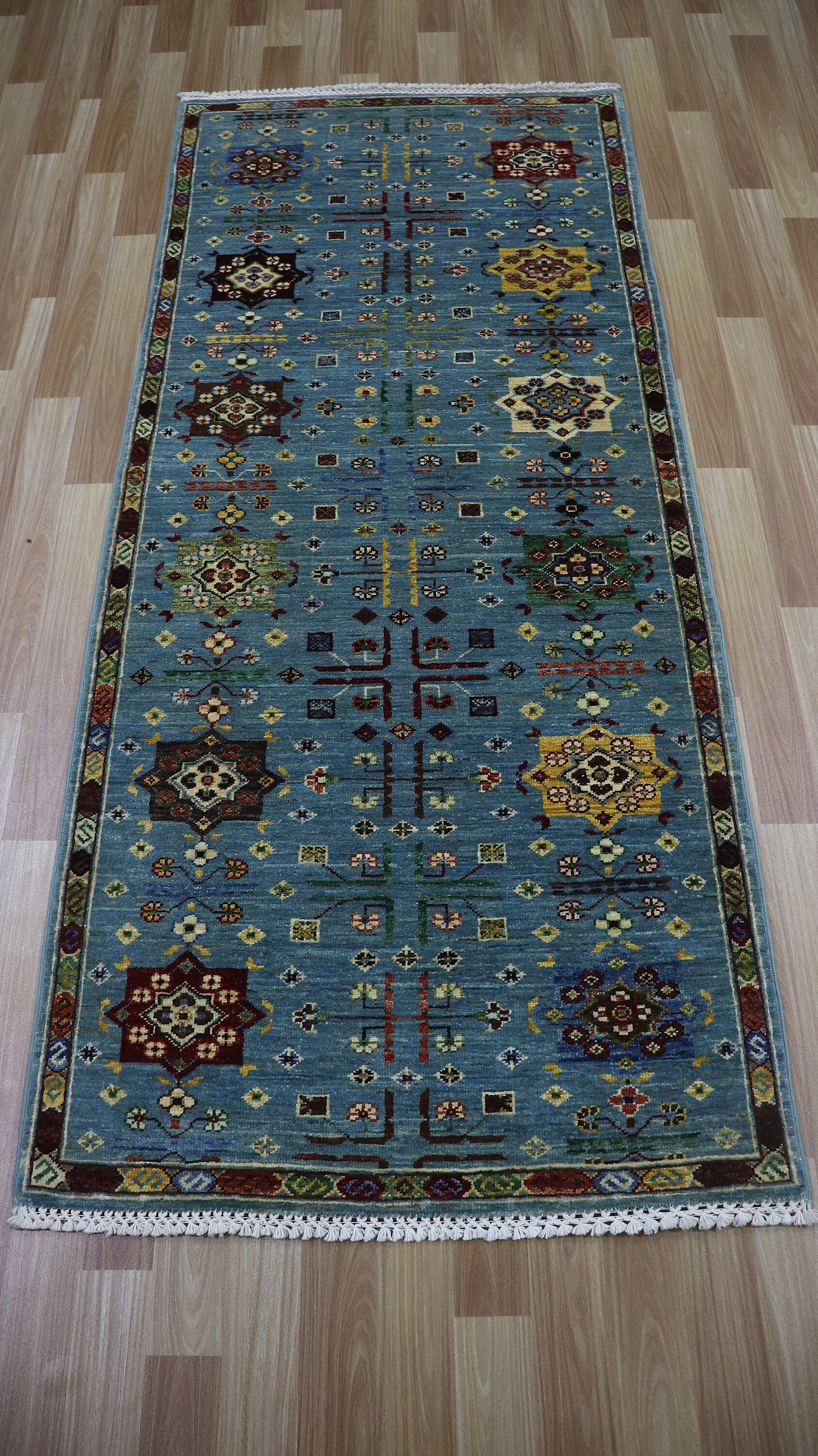 7 Ft Blue Oriental Runner Rug, Afghan Hand Knotted Wool Traditional Rectangle Carpet, Entryway Rug, Hallway Rug, Kitchen Rug, Foyer Rug