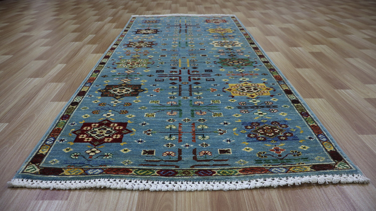 7 Ft Blue Oriental Runner Rug, Afghan Hand Knotted Wool Traditional Rectangle Carpet, Entryway Rug, Hallway Rug, Kitchen Rug, Foyer Rug