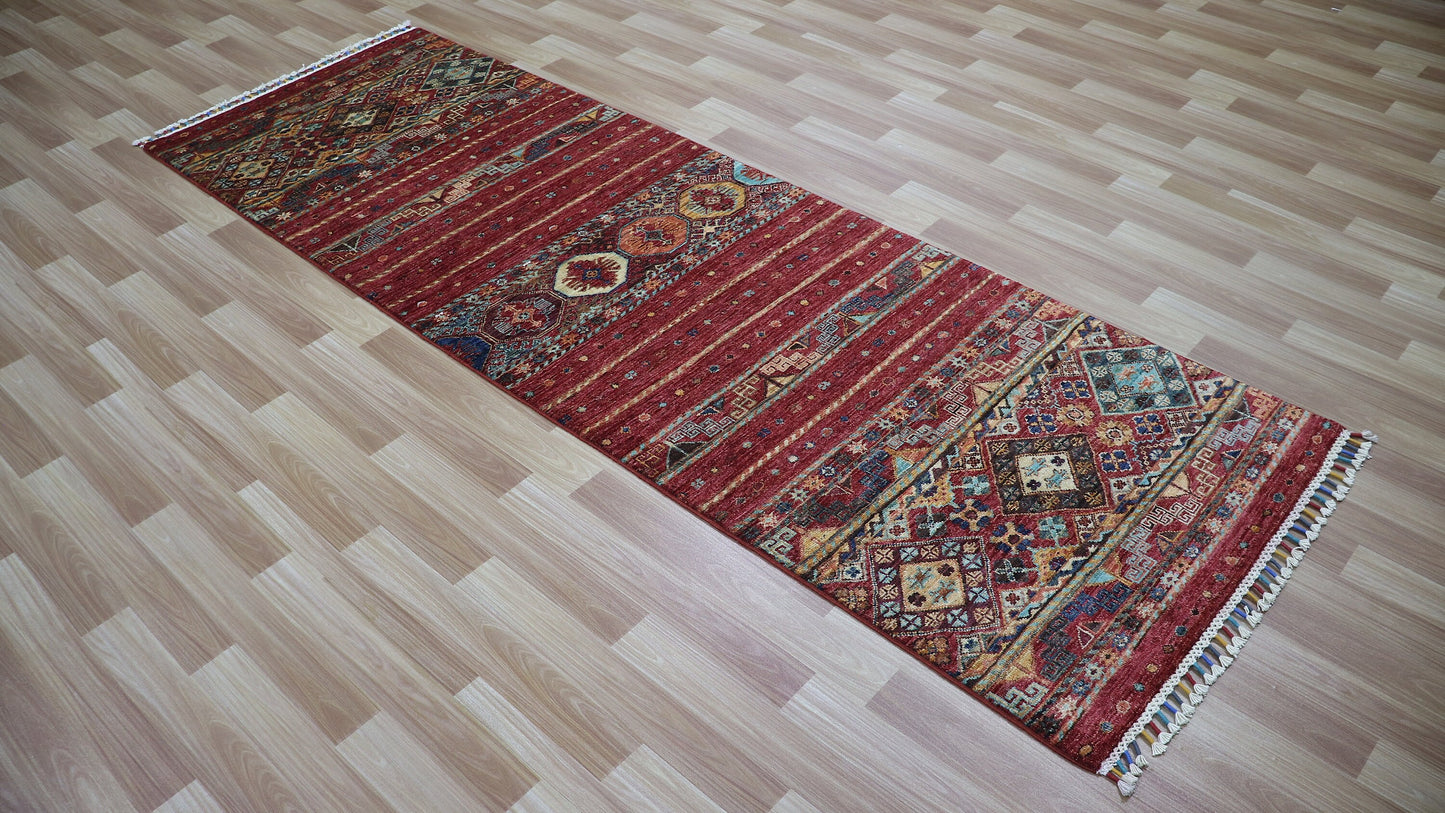 8 Ft Oriental Runner Rug, Red Afghan Hand Knotted Wool Traditional Rectangle Carpet, Entryway Rug, Hallway Rug, Kitchen Rug, Foyer Rug