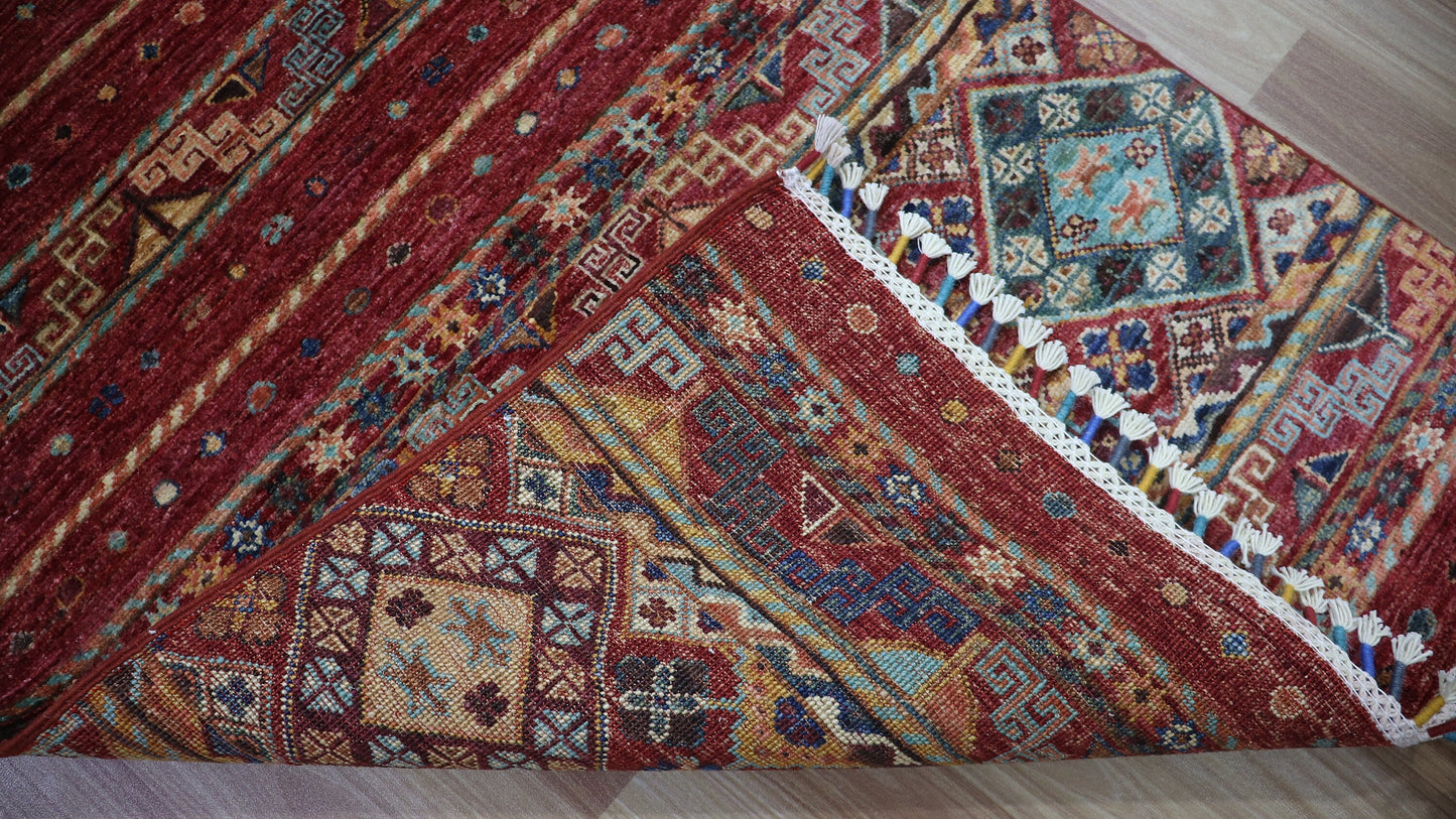 8 Ft Oriental Runner Rug, Red Afghan Hand Knotted Wool Traditional Rectangle Carpet, Entryway Rug, Hallway Rug, Kitchen Rug, Foyer Rug