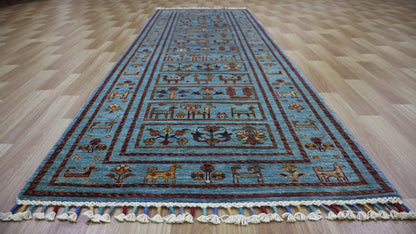 8 Ft Animal Print Runner Rug, Blue Afghan Hand Knotted Wool Traditional Rectangle Carpet, Entryway Rug, Hallway Rug, Kitchen Rug, Foyer Rug