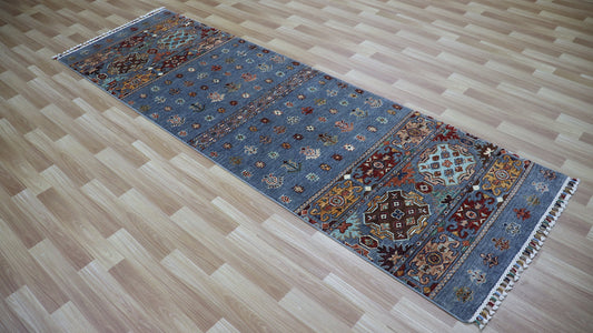 9 Ft Oriental Runner Rug, Gray Afghan Hand Knotted Wool Traditional Rectangle Carpet, Entryway Rug, Hallway Rug, Kitchen Rug, Foyer Rug