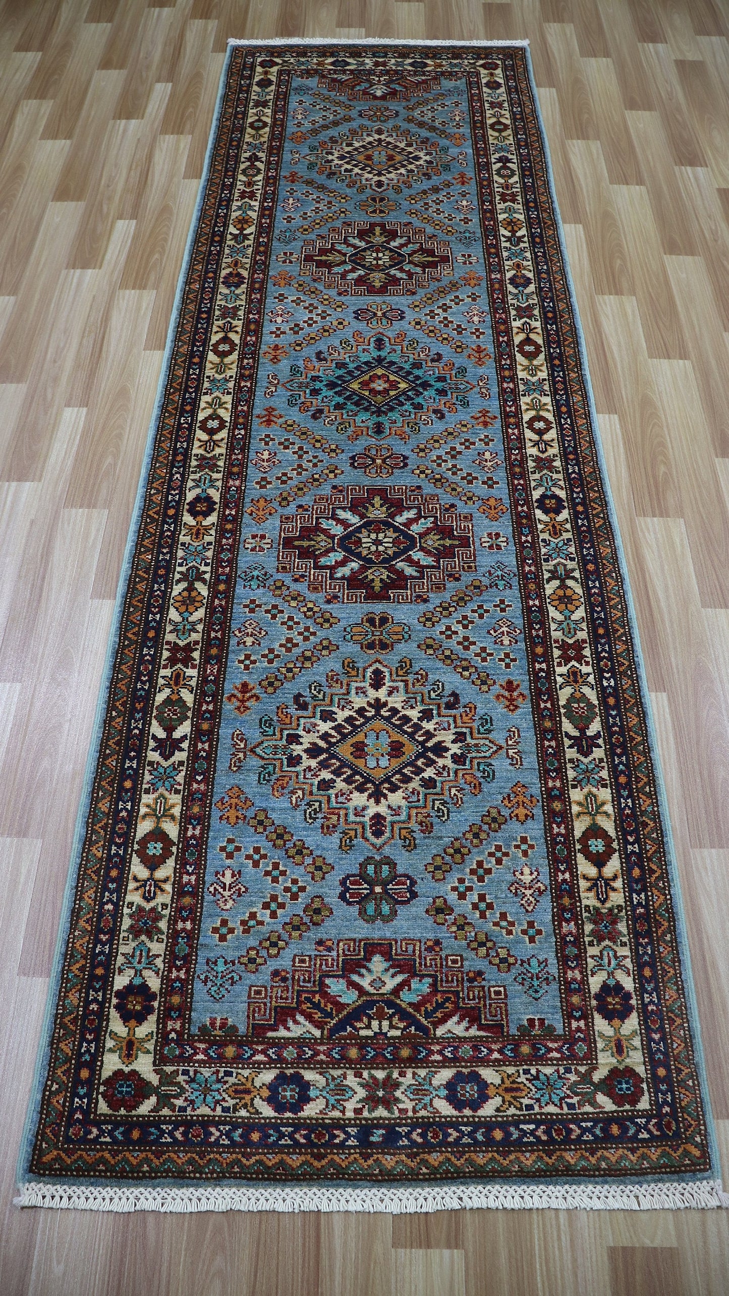 9 Ft Oriental Kazak Runner Rug, Afghan Hand Knotted Wool Traditional Rectangle Carpet, Entryway Rug, Hallway Rug, Kitchen Rug, Foyer Rug