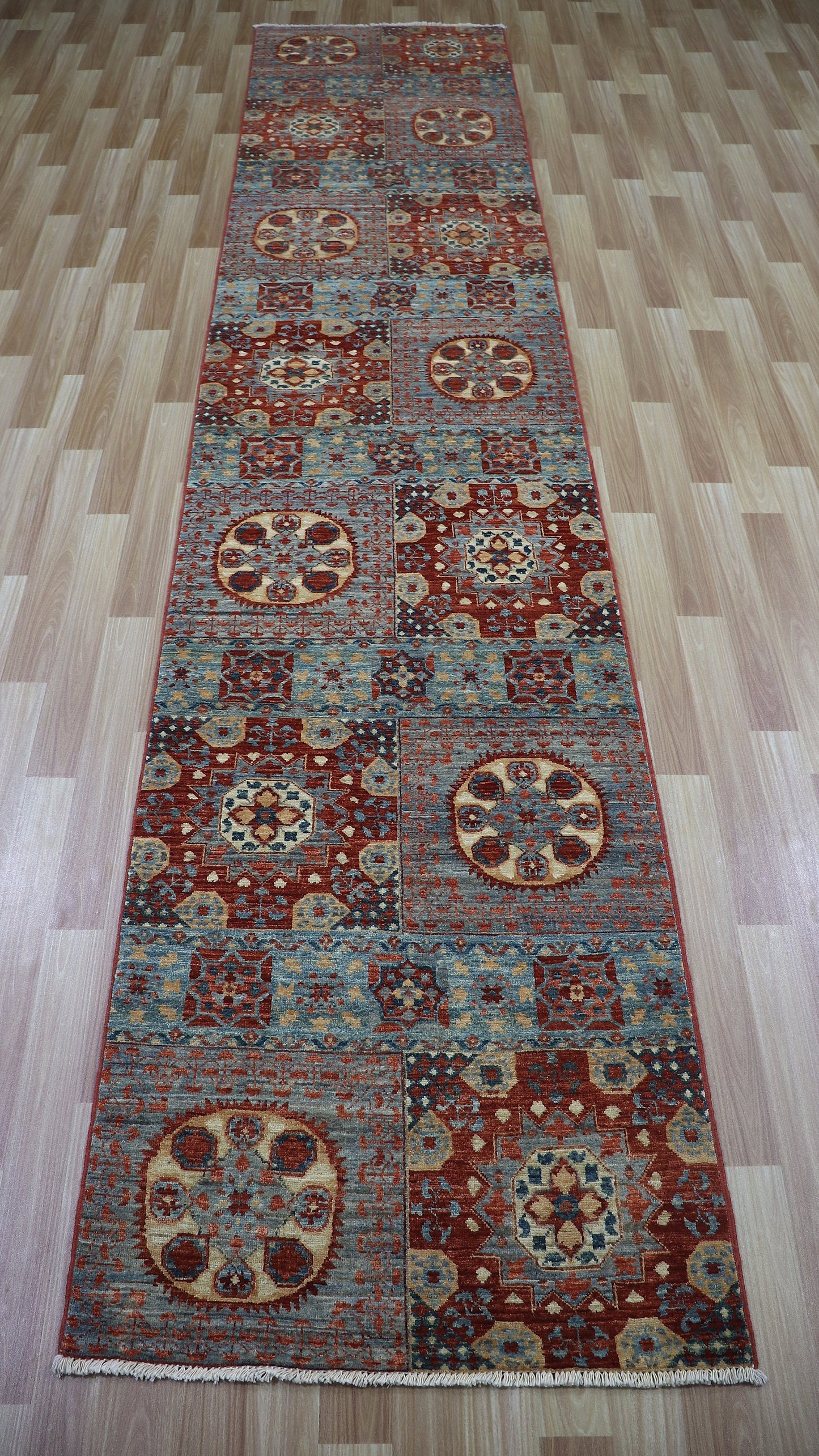 12 Ft Oriental Runner Rug, Red Blue Afghan Hand Knotted Wool Traditional Rectangle Carpet, Entryway Rug, Hallway Rug, Kitchen Rug, Foyer Rug