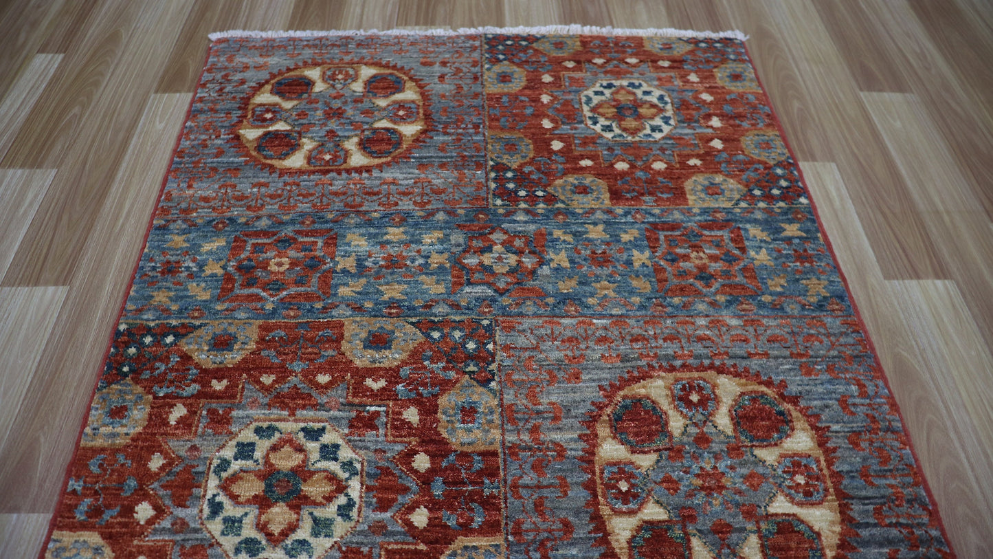 12 Ft Oriental Runner Rug, Red Blue Afghan Hand Knotted Wool Traditional Rectangle Carpet, Entryway Rug, Hallway Rug, Kitchen Rug, Foyer Rug