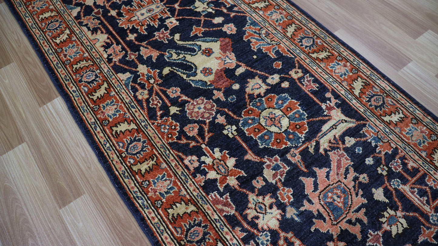 15 Ft Floral Long Runner Rug, Blue Afghan Hand Knotted Wool Traditional Rectangle Carpet, Entryway Rug, Hallway Rug, Kitchen Rug, Foyer Rug