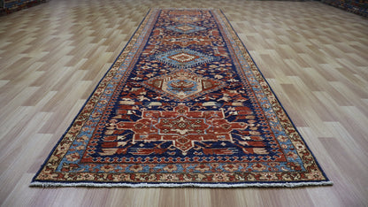 12 Ft Oriental Runner Rug, Blue Red Afghan Hand Knotted Wool Traditional Rectangle Carpet, Entryway Rug, Hallway Rug, Kitchen Rug, Foyer Rug