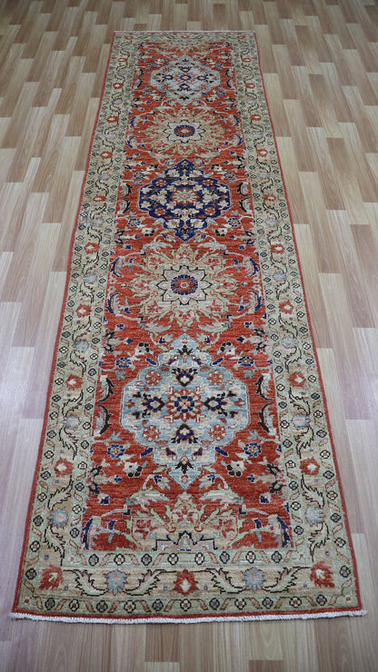 10 Ft Oriental Runner Rug, Red Afghan Hand Knotted Wool Traditional Rectangle Carpet, Entryway Rug, Hallway Rug, Kitchen Rug, Foyer Rug