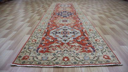 10 Ft Oriental Runner Rug, Red Afghan Hand Knotted Wool Traditional Rectangle Carpet, Entryway Rug, Hallway Rug, Kitchen Rug, Foyer Rug