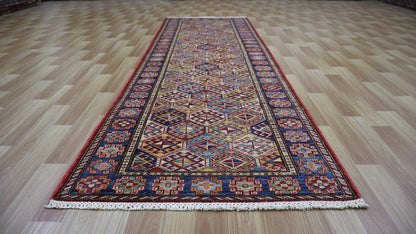 9 Ft Oriental Runner Rug, Red Blue Afghan Hand Knotted Wool Traditional Rectangle Carpet, Entryway Rug, Hallway Rug, Kitchen Rug, Foyer Rug