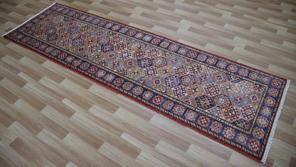 9 Ft Oriental Runner Rug, Red Blue Afghan Hand Knotted Wool Traditional Rectangle Carpet, Entryway Rug, Hallway Rug, Kitchen Rug, Foyer Rug