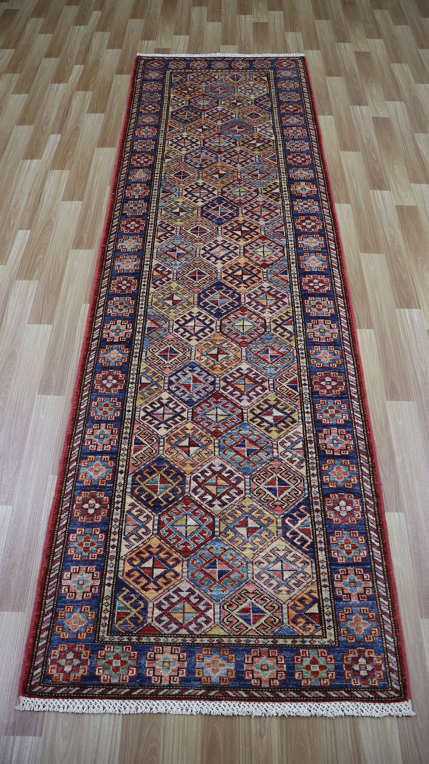 9 Ft Oriental Runner Rug, Red Blue Afghan Hand Knotted Wool Traditional Rectangle Carpet, Entryway Rug, Hallway Rug, Kitchen Rug, Foyer Rug