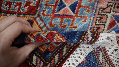 9 Ft Oriental Runner Rug, Red Blue Afghan Hand Knotted Wool Traditional Rectangle Carpet, Entryway Rug, Hallway Rug, Kitchen Rug, Foyer Rug