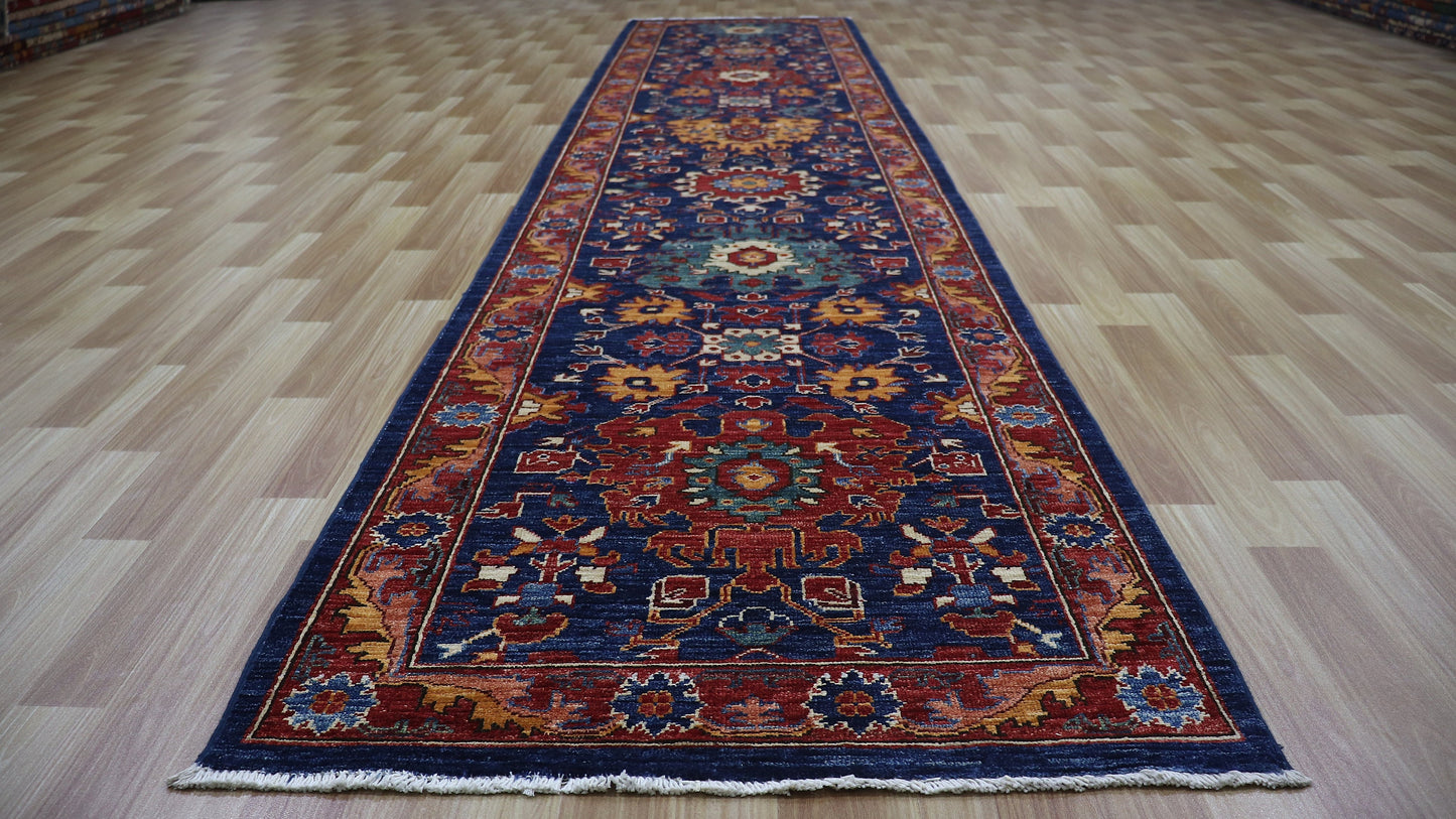 13 Ft Bidjar Long Runner Rug, Blue Afghan Hand Knotted Wool Traditional Rectangle Carpet, Entryway Rug, Hallway Rug, Kitchen Rug, Foyer Rug