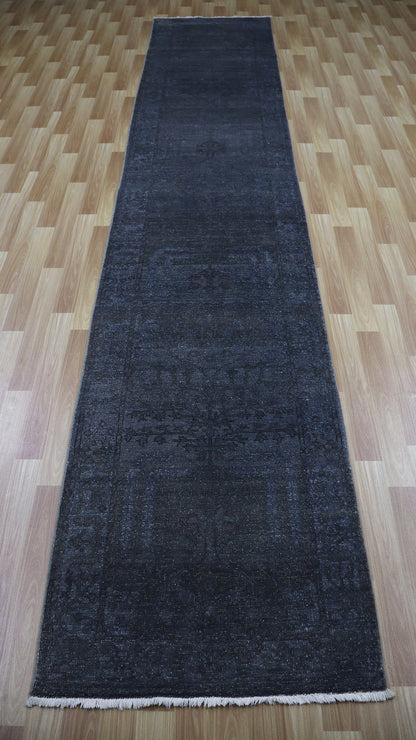 13 Ft Gabbeh Long Runner Rug, Blue Afghan Hand Knotted Wool Transitional Rectangle Carpet, Entryway Rug, Hallway Rug, Kitchen Rug, Foyer Rug