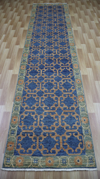 12 Ft Oriental Runner Rug, Blue Afghan Hand Knotted Wool Traditional Rectangle Carpet, Entryway Rug, Hallway Rug, Kitchen Rug, Foyer Rug