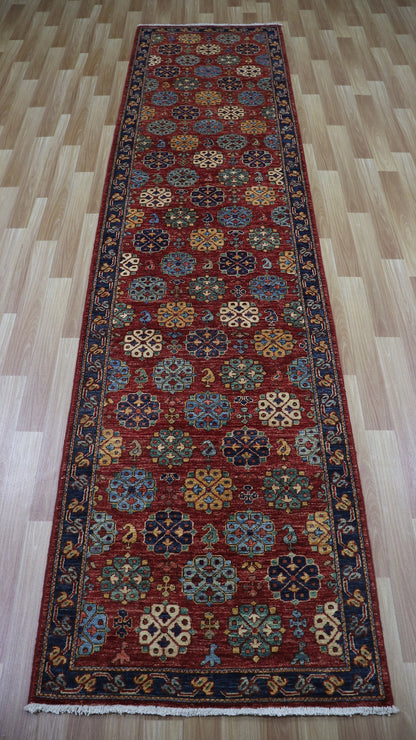 10 Ft Floral Runner Rug, Red Blue Afghan Hand Knotted Wool Traditional Rectangle Carpet, Entryway Rug, Hallway Rug, Kitchen Rug, Foyer Rug