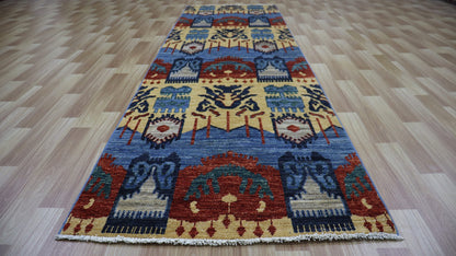 10 Ft Tribal Runner Rug, Blue Afghan Hand Knotted Wool Traditional Rectangle Carpet, Entryway Rug, Hallway Rug, Kitchen Rug, Foyer Rug