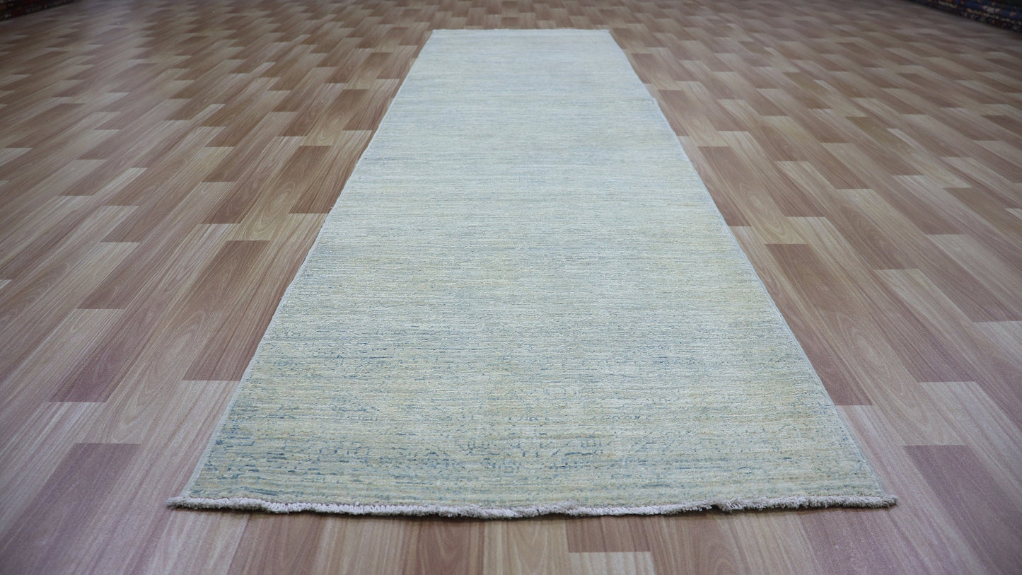 10 Ft Abstract Runner Rug, Beige Afghan Hand Knotted Wool Transitional Rectangle Carpet, Entryway Rug, Hallway Rug, Kitchen Rug, Foyer Rug