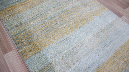 10 Ft Striped Runner Rug, Blue Afghan Hand Knotted Wool Transitional Rectangle Carpet, Entryway Rug, Hallway Rug, Kitchen Rug, Foyer Rug