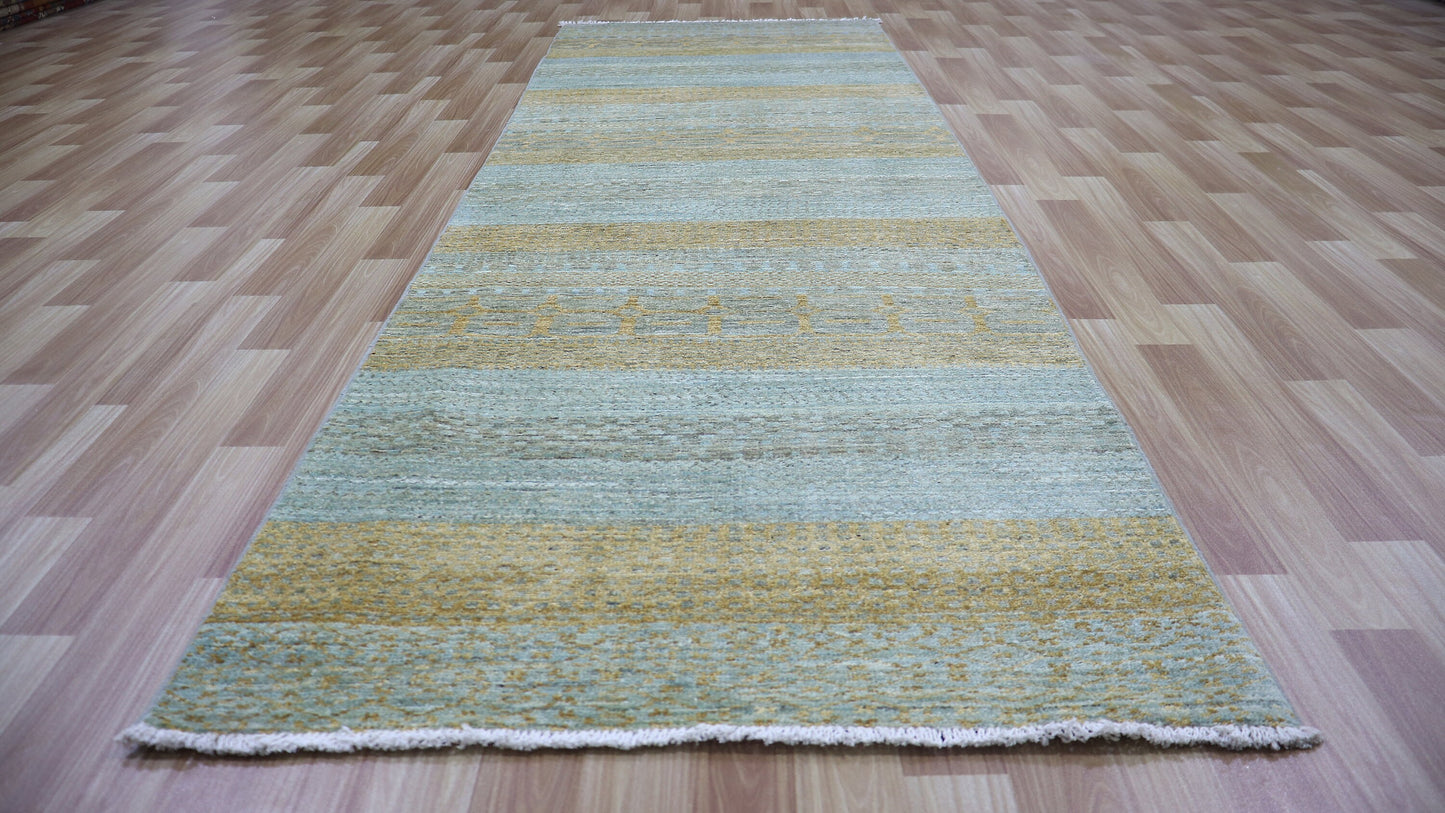 10 Ft Striped Runner Rug, Blue Afghan Hand Knotted Wool Transitional Rectangle Carpet, Entryway Rug, Hallway Rug, Kitchen Rug, Foyer Rug