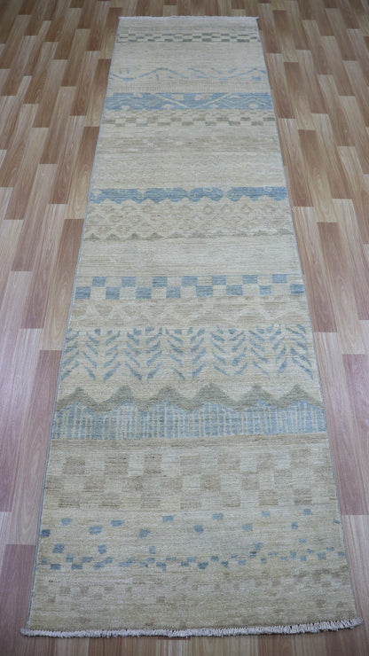 10 Ft Striped Runner Rug, Beige Afghan Hand Knotted Wool Transitional Rectangle Carpet, Entryway Rug, Hallway Rug, Kitchen Rug, Foyer Rug