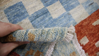 10 Ft Striped Runner Rug, Red Blue Afghan Hand Knotted Wool Traditional Rectangle Carpet, Entryway Rug, Hallway Rug, Kitchen Rug, Foyer Rug