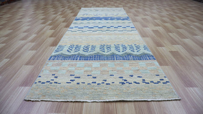 9 Ft Striped Runner Rug, Beige Blue Afghan Hand Knotted Wool Traditional Rectangle Carpet, Entryway Rug, Hallway Rug, Kitchen Rug, Foyer Rug