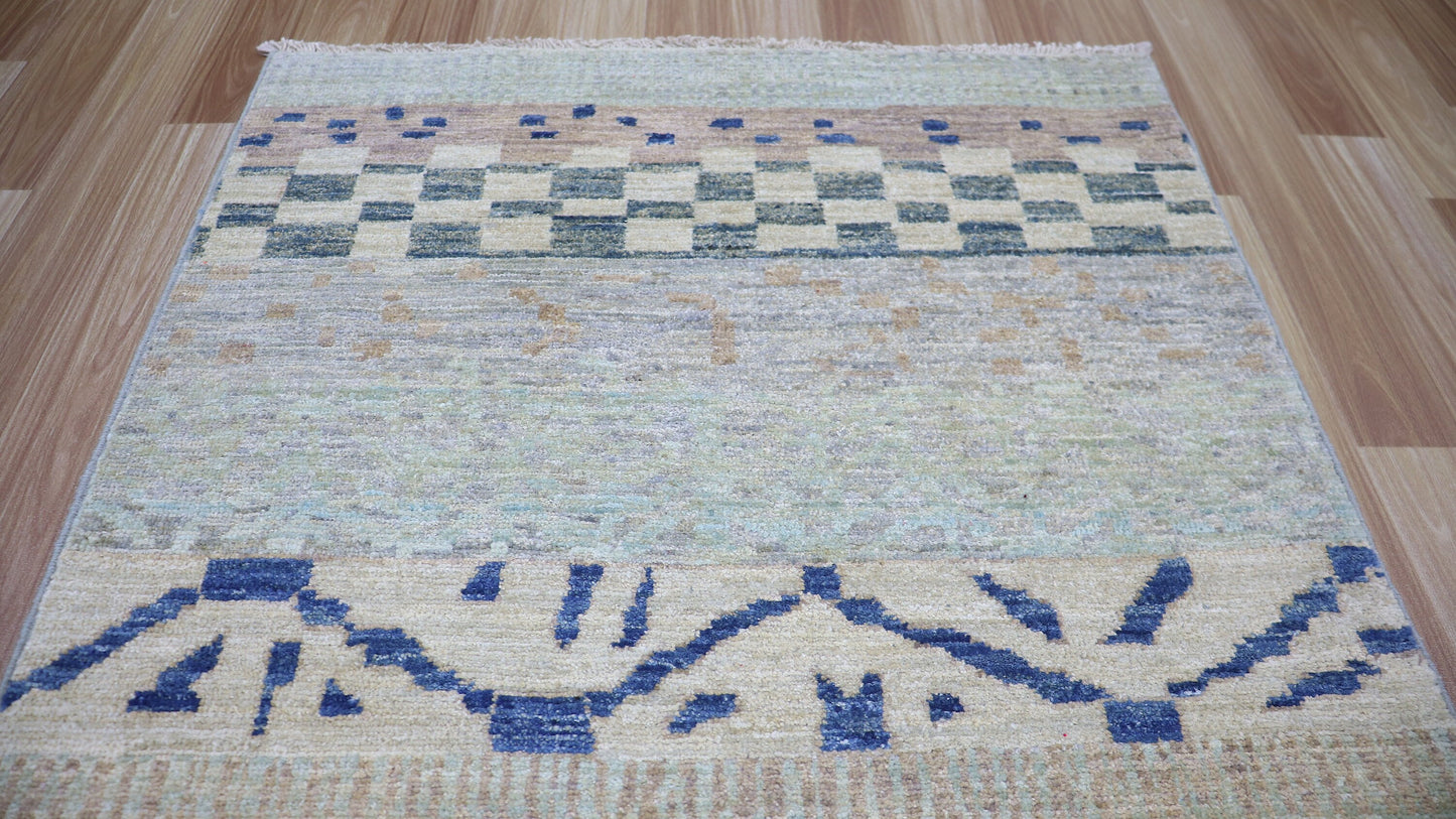 9 Ft Striped Runner Rug, Beige Blue Afghan Hand Knotted Wool Traditional Rectangle Carpet, Entryway Rug, Hallway Rug, Kitchen Rug, Foyer Rug