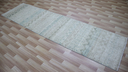 10 Ft Transitional Runner Rug, Beige Afghan Hand Knotted Wool Abstract Rectangle Carpet, Entryway Rug, Hallway Rug, Kitchen Rug, Foyer Rug