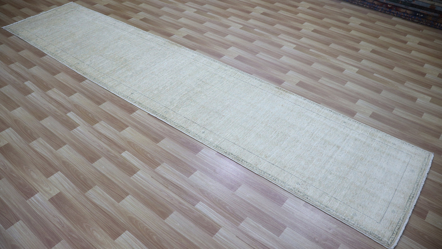 12 Ft Transitional Runner Rug, Beige Afghan Hand Knotted Wool Abstract Rectangle Carpet, Entryway Rug, Hallway Rug, Kitchen Rug, Foyer Rug