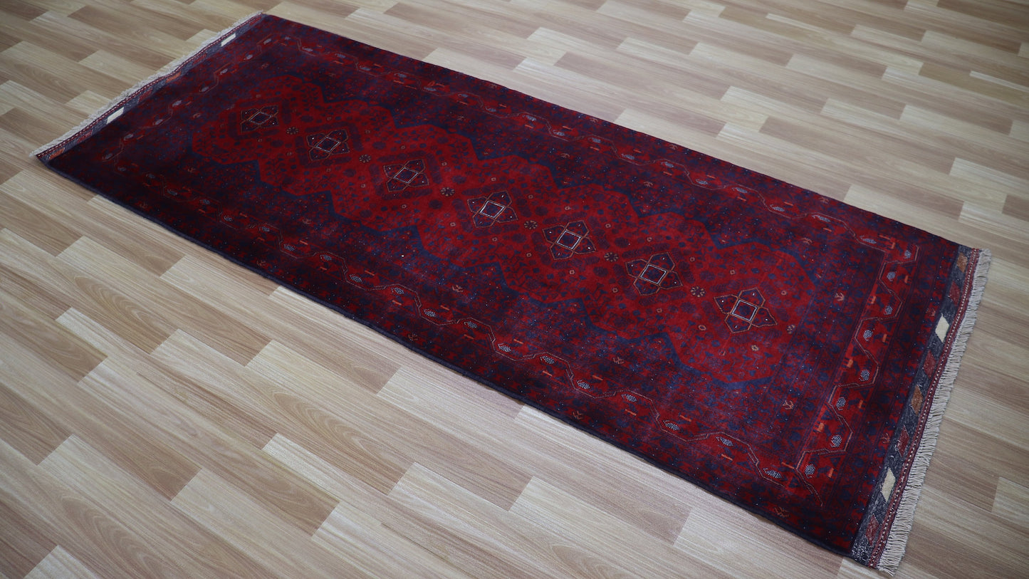 7 Ft Bokhara Runner Rug, Red Afghan Hand Knotted Wool Traditional Rectangle Carpet, Entryway Rug, Hallway Rug, Kitchen Rug, Foyer Rug