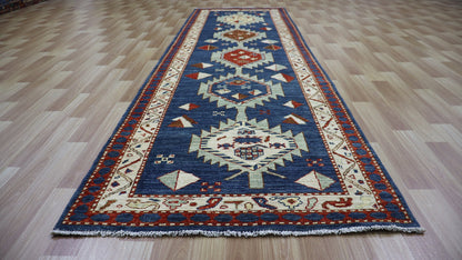 10 Ft Oriental Runner Rug, Blue Afghan Hand Knotted Wool Traditional Rectangle Carpet, Entryway Rug, Hallway Rug, Kitchen Rug, Foyer Rug