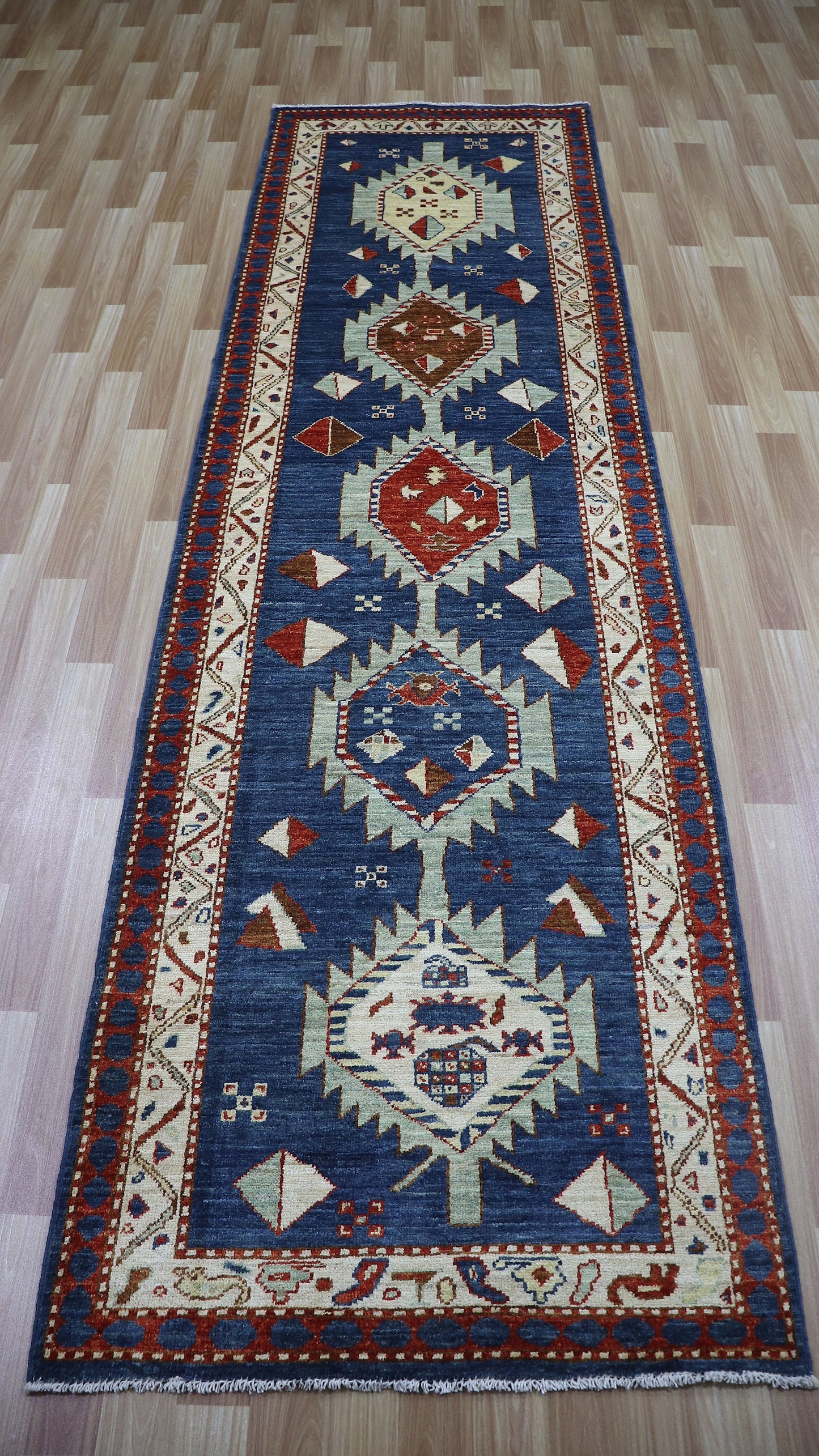 10 Ft Oriental Runner Rug, Blue Afghan Hand Knotted Wool Traditional Rectangle Carpet, Entryway Rug, Hallway Rug, Kitchen Rug, Foyer Rug