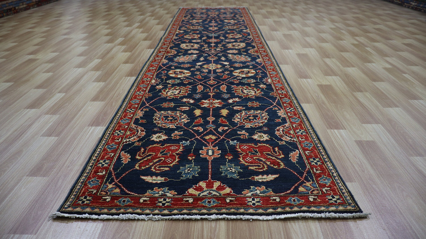 11 Ft Bidjar Runner Rug, Blue Red Afghan Hand Knotted Wool Traditional Rectangle Carpet, Entryway Rug, Hallway Rug, Kitchen Rug, Foyer Rug