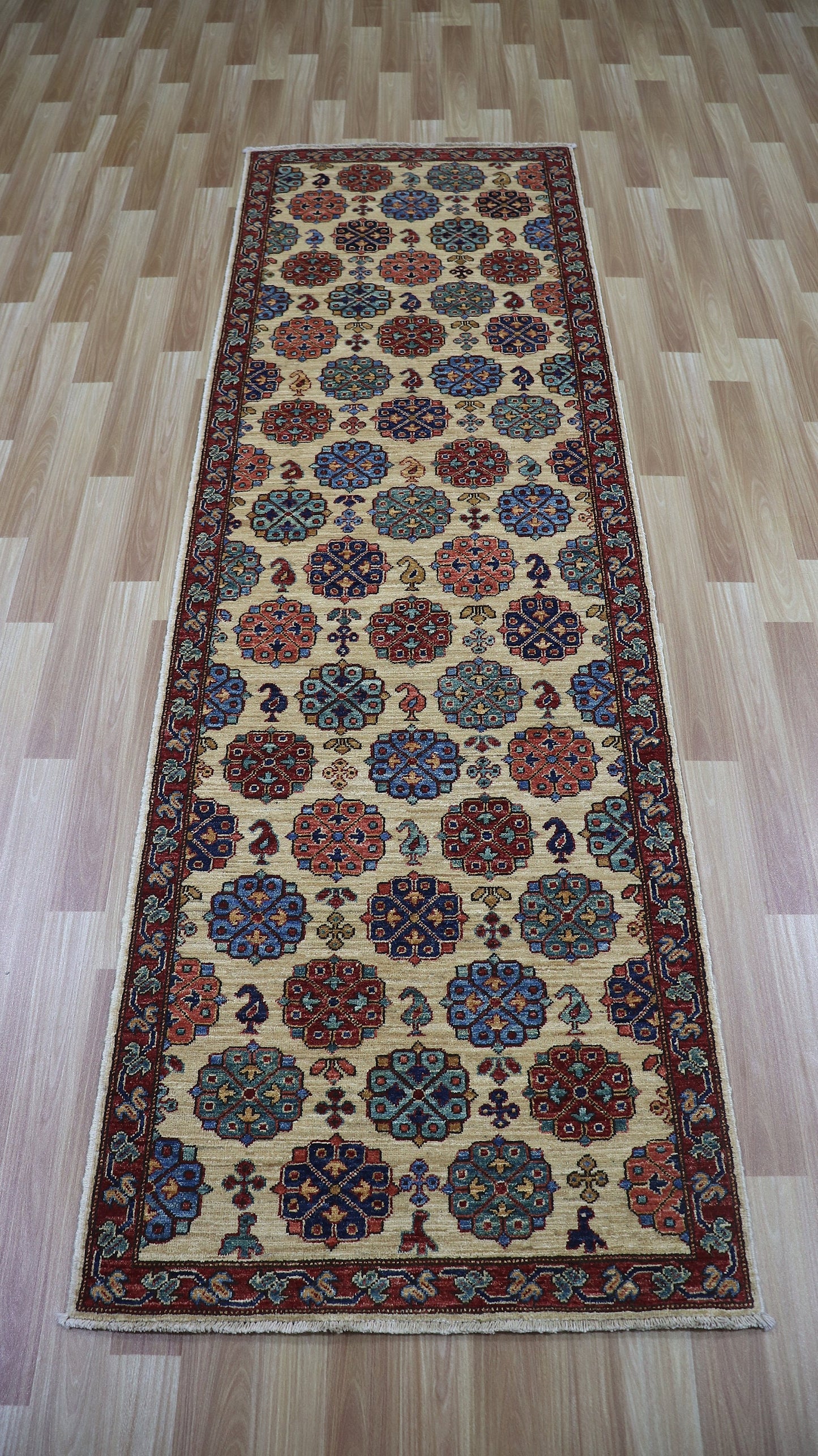 8 Ft Floral Runner Rug, Beige Afghan Hand Knotted Wool Traditional Rectangle Carpet, Entryway Rug, Hallway Rug, Kitchen Rug, Foyer Rug