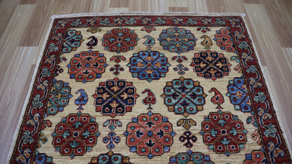 8 Ft Floral Runner Rug, Beige Afghan Hand Knotted Wool Traditional Rectangle Carpet, Entryway Rug, Hallway Rug, Kitchen Rug, Foyer Rug