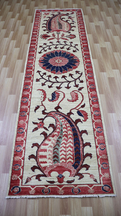 10 Ft Suzani Runner Rug, Beige Red Afghan Hand Knotted Wool Traditional Rectangle Carpet, Entryway Rug, Hallway Rug, Kitchen Rug, Foyer Rug