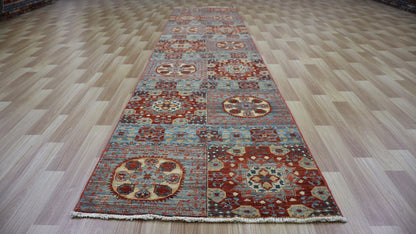 12 Ft Oriental Runner Rug, Red Blue Afghan Hand Knotted Wool Traditional Rectangle Carpet, Entryway Rug, Hallway Rug, Kitchen Rug, Foyer Rug