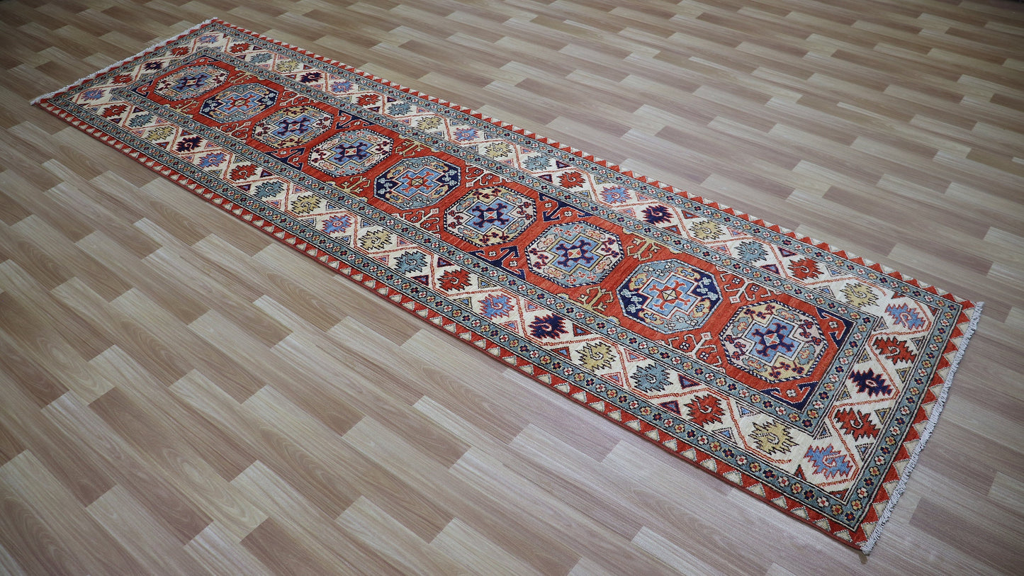 10 Ft Oriental Runner Rug, Red Afghan Hand Knotted Wool Traditional Rectangle Carpet, Entryway Rug, Hallway Rug, Kitchen Rug, Foyer Rug