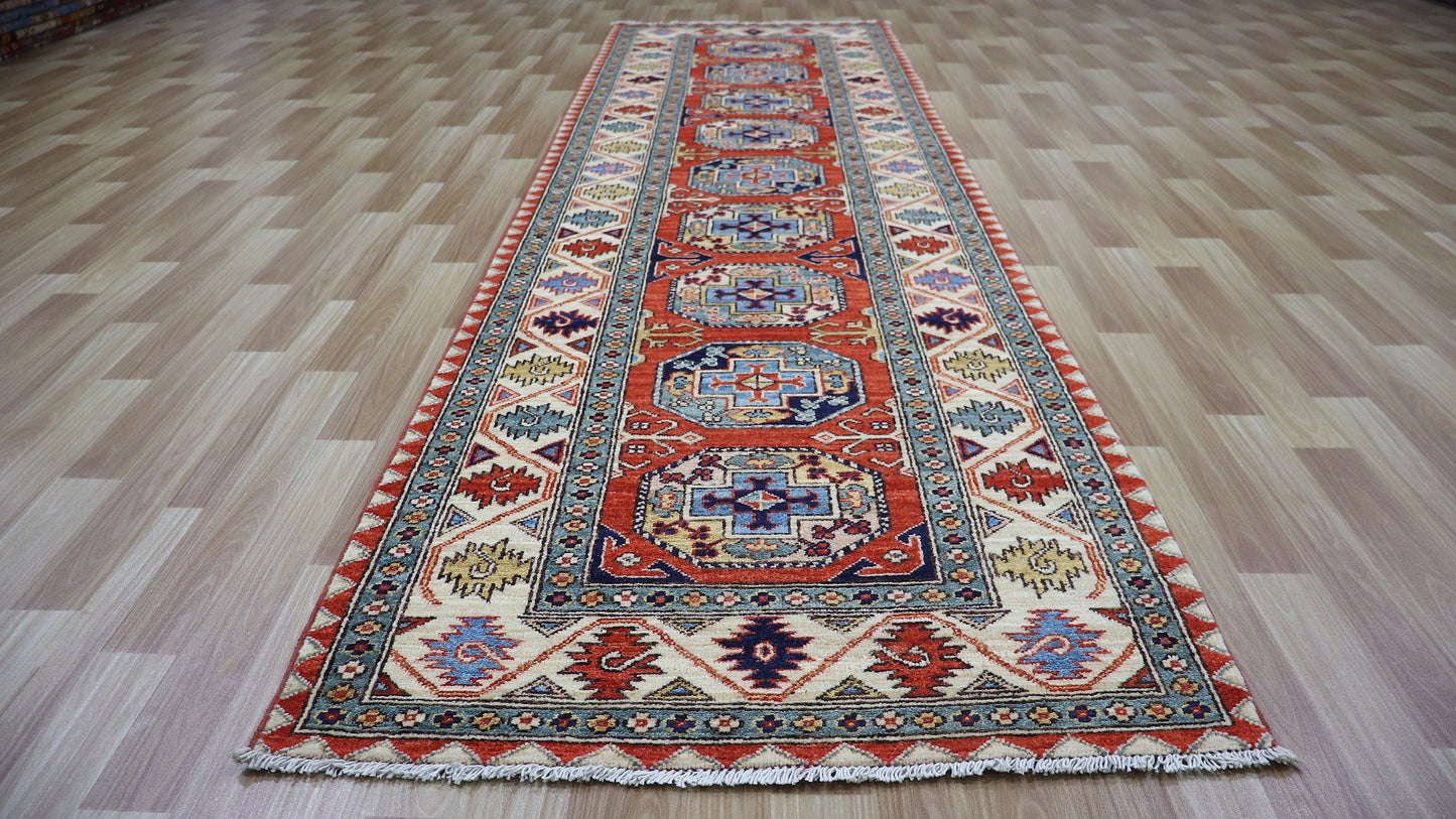 10 Ft Oriental Runner Rug, Red Afghan Hand Knotted Wool Traditional Rectangle Carpet, Entryway Rug, Hallway Rug, Kitchen Rug, Foyer Rug