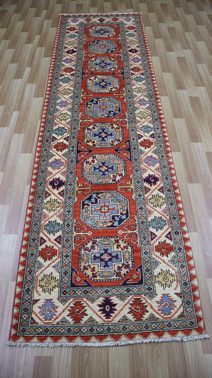 10 Ft Oriental Runner Rug, Red Afghan Hand Knotted Wool Traditional Rectangle Carpet, Entryway Rug, Hallway Rug, Kitchen Rug, Foyer Rug