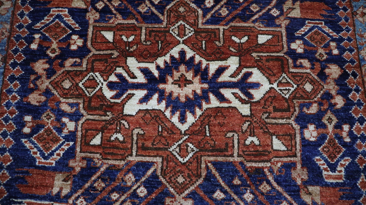 12 Ft Oriental Runner Rug, Blue Red Afghan Hand Knotted Wool Traditional Rectangle Carpet, Entryway Rug, Hallway Rug, Kitchen Rug, Foyer Rug