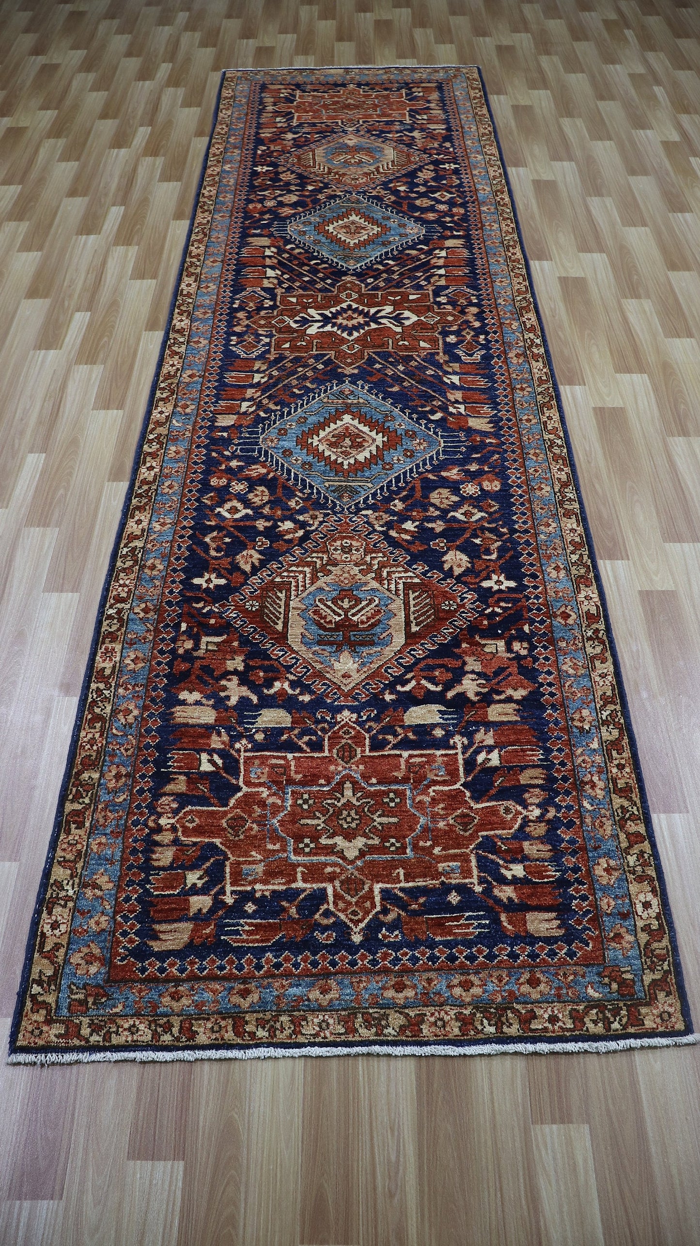 12 Ft Oriental Runner Rug, Blue Red Afghan Hand Knotted Wool Traditional Rectangle Carpet, Entryway Rug, Hallway Rug, Kitchen Rug, Foyer Rug