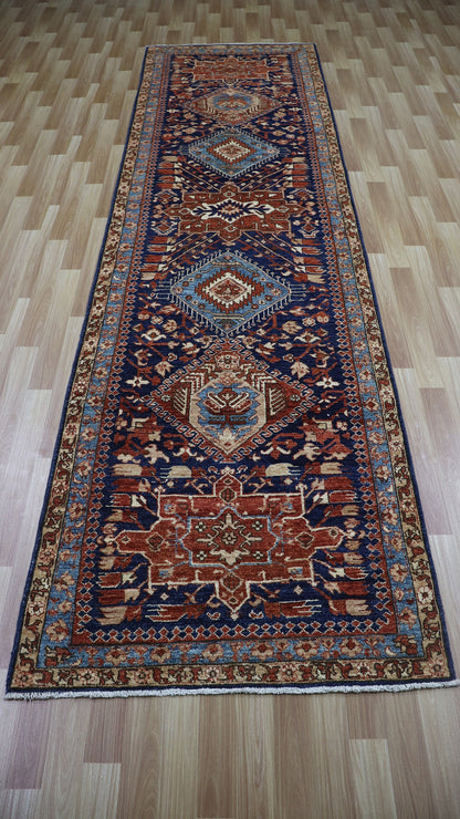 12 Ft Oriental Runner Rug, Blue Red Afghan Hand Knotted Wool Traditional Rectangle Carpet, Entryway Rug, Hallway Rug, Kitchen Rug, Foyer Rug