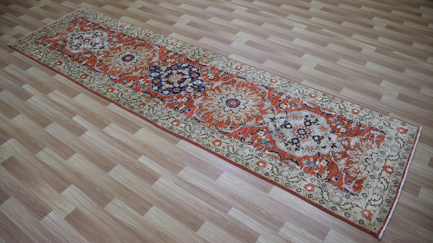 10 Ft Oriental Runner Rug, Red Afghan Hand Knotted Wool Traditional Rectangle Carpet, Entryway Rug, Hallway Rug, Kitchen Rug, Foyer Rug