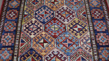 9 Ft Oriental Runner Rug, Red Blue Afghan Hand Knotted Wool Traditional Rectangle Carpet, Entryway Rug, Hallway Rug, Kitchen Rug, Foyer Rug