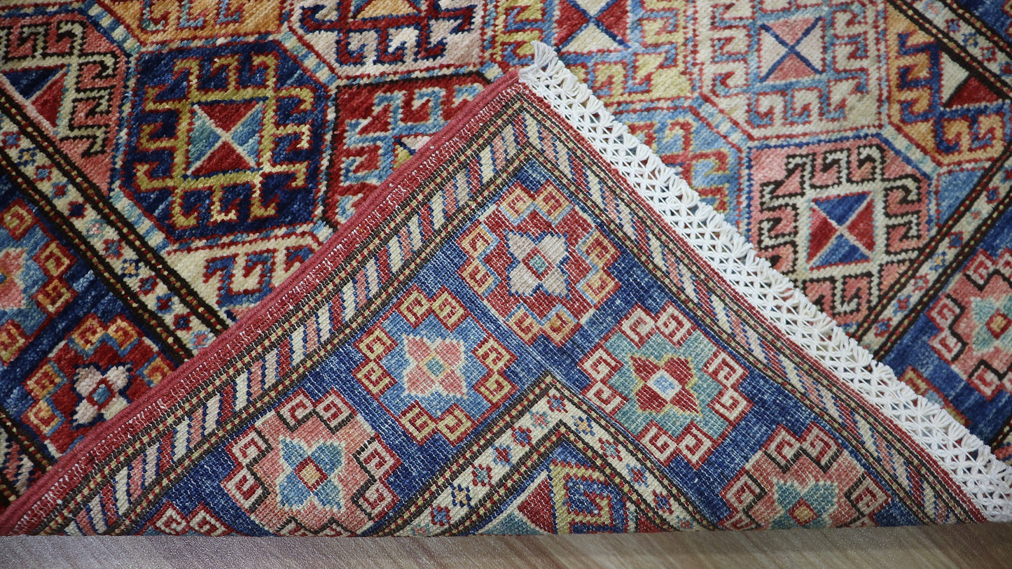 9 Ft Oriental Runner Rug, Red Blue Afghan Hand Knotted Wool Traditional Rectangle Carpet, Entryway Rug, Hallway Rug, Kitchen Rug, Foyer Rug