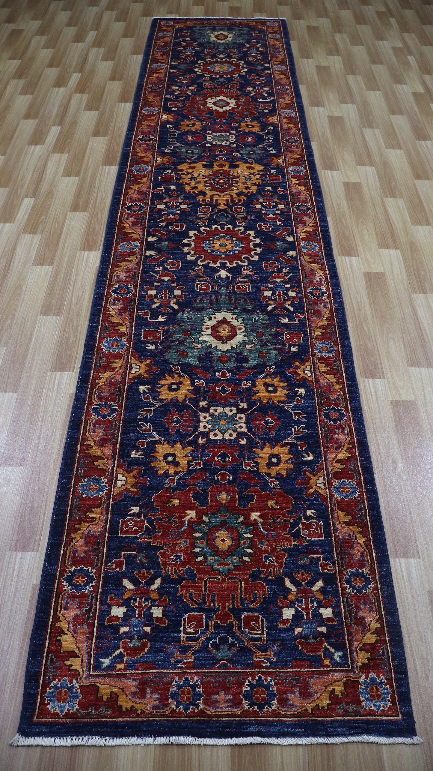 13 Ft Bidjar Long Runner Rug, Blue Afghan Hand Knotted Wool Traditional Rectangle Carpet, Entryway Rug, Hallway Rug, Kitchen Rug, Foyer Rug